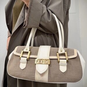 Auth Fendi Zucca Brown Monogram Shadow Shoulder Bag beige and white